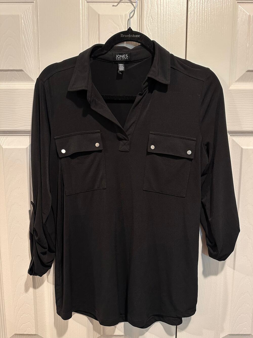 Jones New York Women’s Black Roll-Tab Sleeve Utility Tunic Blouse Top